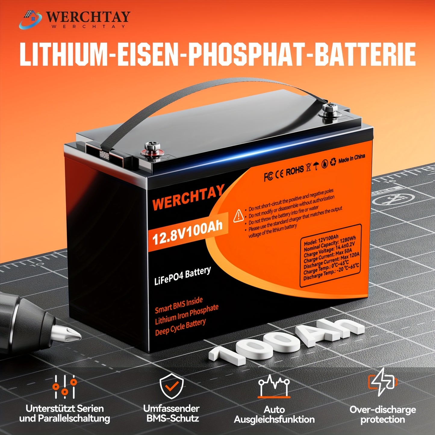 LiFePO4 Accu – Lithium Accu – Bootaccu – Camperaccu – Zonne-energie Accu – 12,8V 100Ah – Slim BMS – Tot 25.000 Cyclus Levensduur