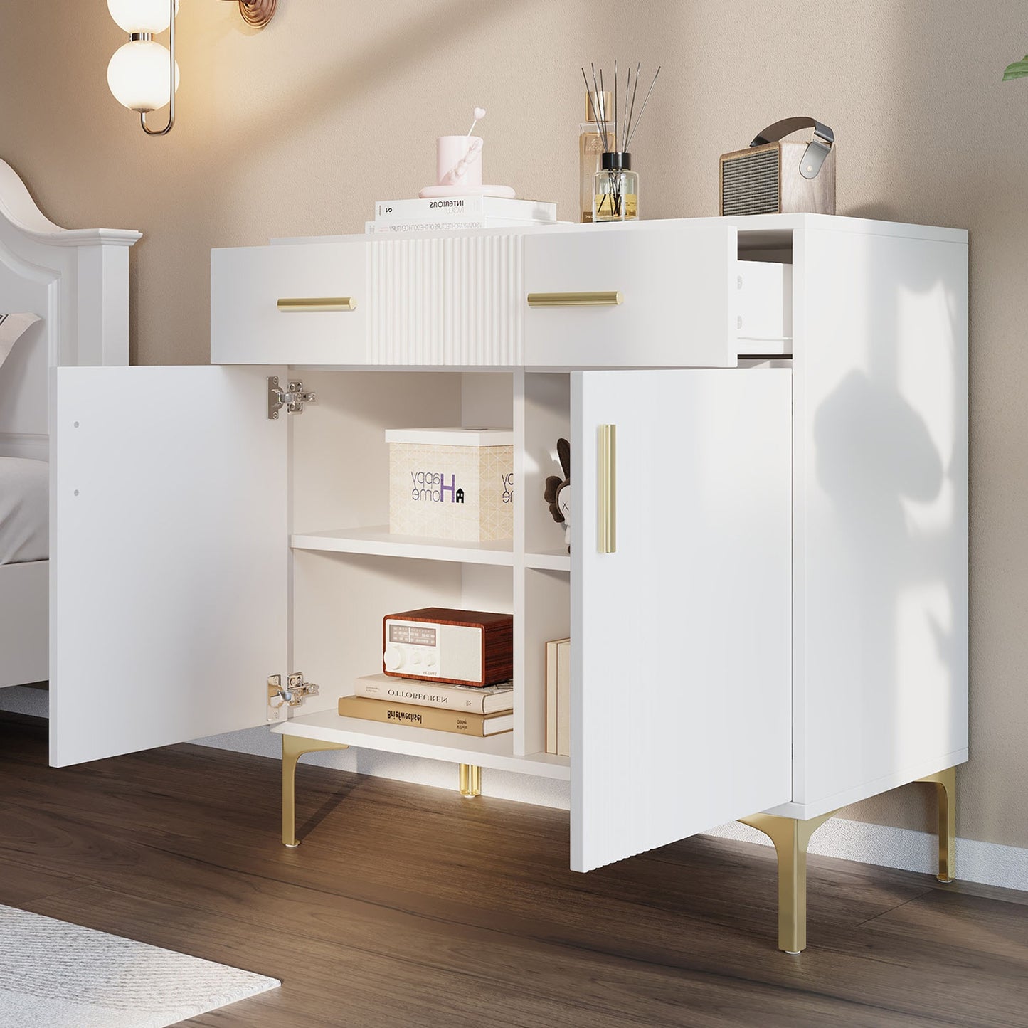 Dressoir – Kast – Sideboard – Ladekast – Opbergmeubel – Wit – Metalen Handgrepen – 80x35x79,5 cm – Twee Deuren en Twee Lades
