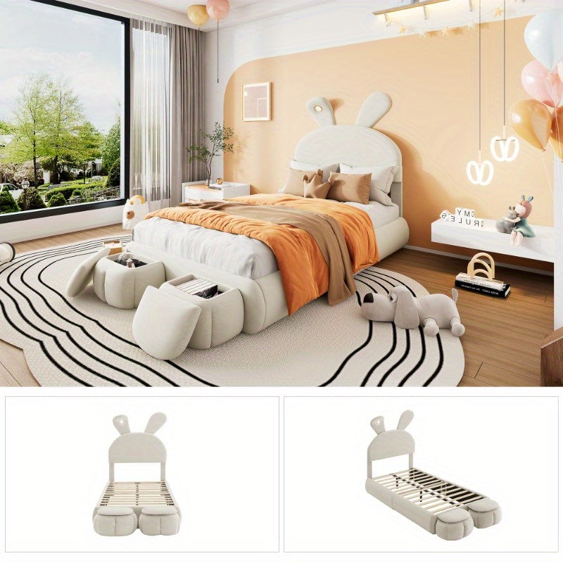 Eenpersoonsbed – Slaapbed – Bedframe – Kinderbed – Stapelbed – Beige Stoffen Bekleding – Verstelbare Warmlichtstrips – Inclusief 2 Opberghockers – 90x200 cm