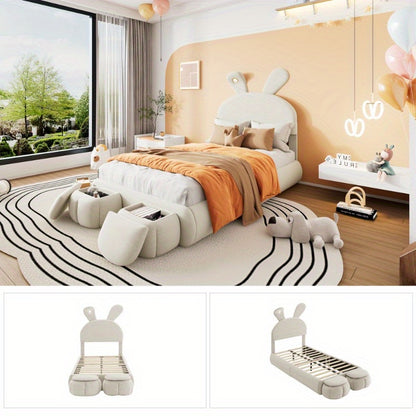 Eenpersoonsbed – Slaapbed – Bedframe – Kinderbed – Stapelbed – Beige Stoffen Bekleding – Verstelbare Warmlichtstrips – Inclusief 2 Opberghockers – 90x200 cm