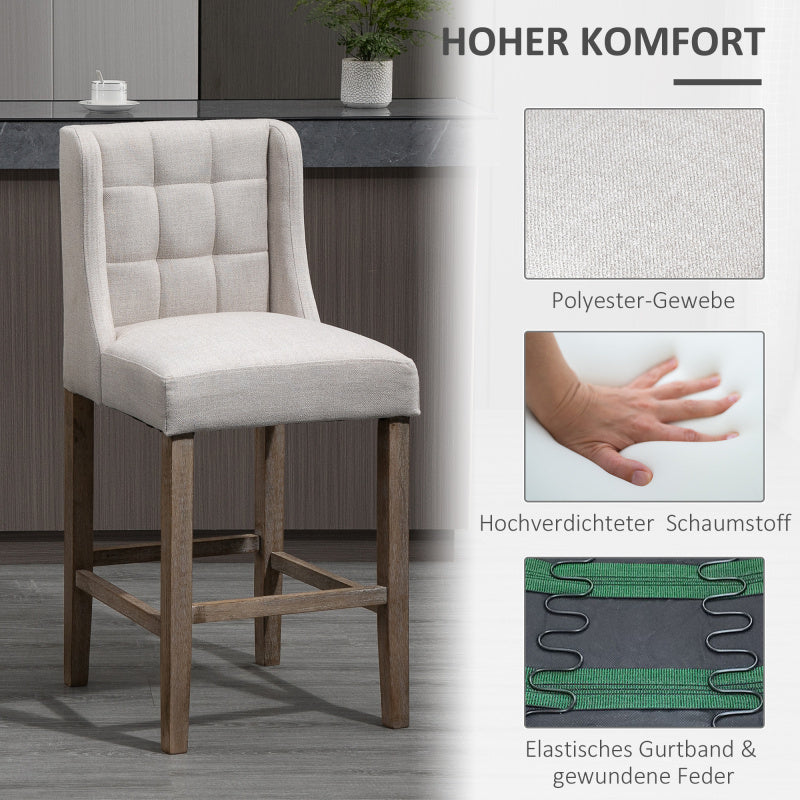 HOMCOM Set of 2 Bar Stools with Backrest, Featuring Button Tufting, Made of Solid Wood, Including Footrest, Dimensions 47 Cm X 50 Cm X 101 Cm, Gray And Natural.