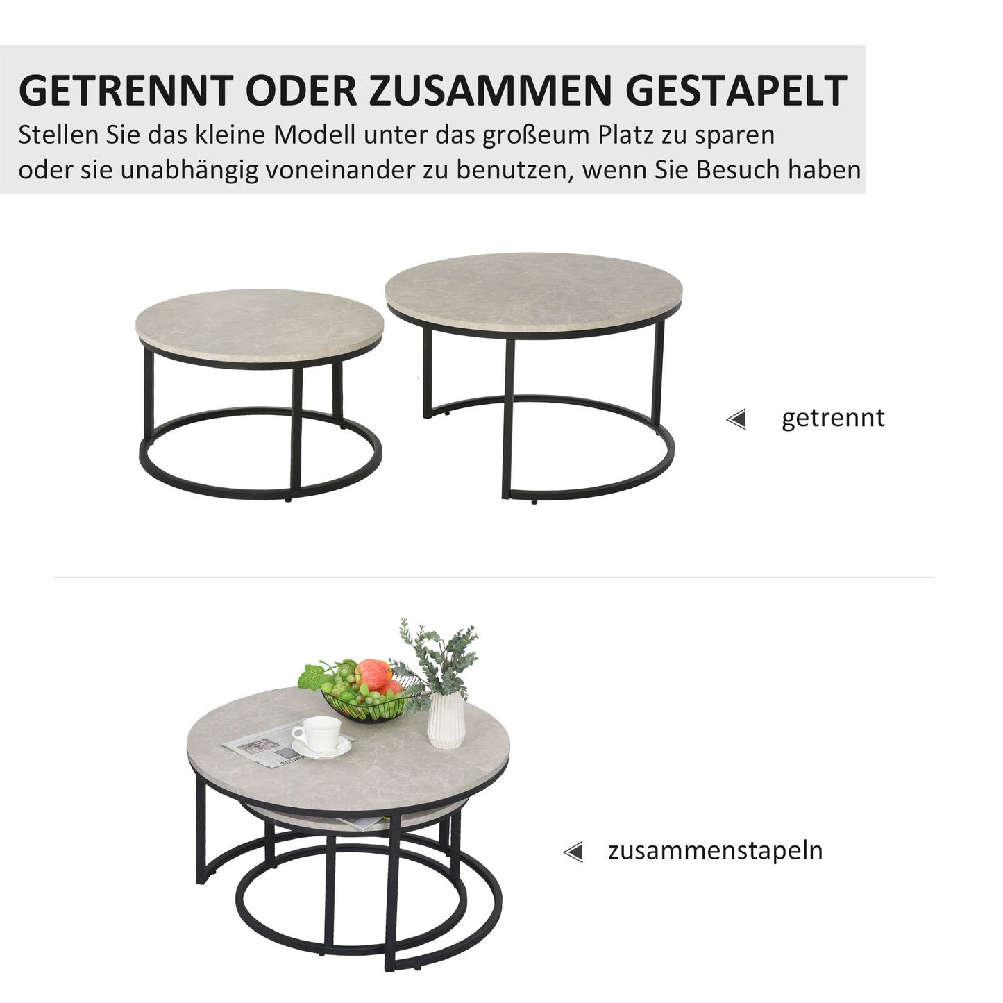 Bijzettafel – Bijzettafels – Salontafel – Sidetable – Banktafel – Industrieel Design – Metalen Frame – Betonlook – Set Van 2 Ronde Tafels