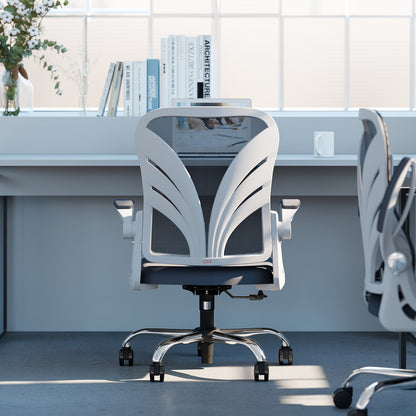 Ergonomische Bureaustoel – Kantoorstoel – Werkstoel – Bureaustoel Opvouwbaar – Bureaustoel Met Armleuningen – Ademend Mesh – Verstelbare Lendensteun – Ruimtebesparend Design – Wit/Zwart