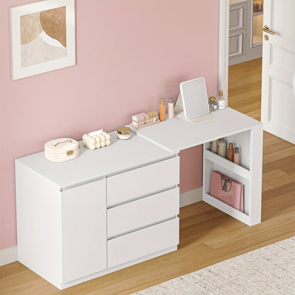 Tidy Up Cluttered Surfaces, Categorize Bottles And Jars, And Organize Makeup Tools.Dressing Table with Drawers, L-Shaped Corner Dressing Table, Vanity with 1 Storage Cabinet And 2 Open Storage Shelves, Bedroom, Living Room, M - QUORE