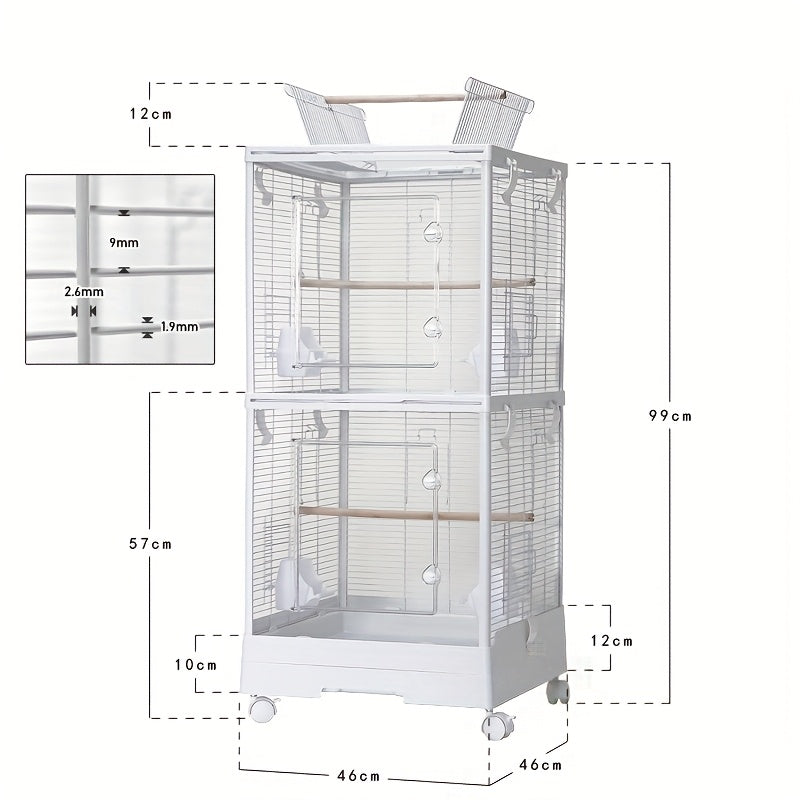 Vogelkast – Vogelkooi – Vogelhuis – Nestkast – Vogelnest – Dubbel Laags – Transparant – 46x46x99 cm – Stevig Synthetisch Staal – Mobiel Op Wieltjes