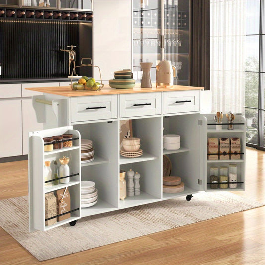 Serveerwagen – Keukentrolley – Keukenwagen – Opbergwagen – Trolley – Wit MDF – Uitklapbaar Werkblad – Afsluitbare Berging – Wieltjes – Houten Poten – 139x46x91,5 cm