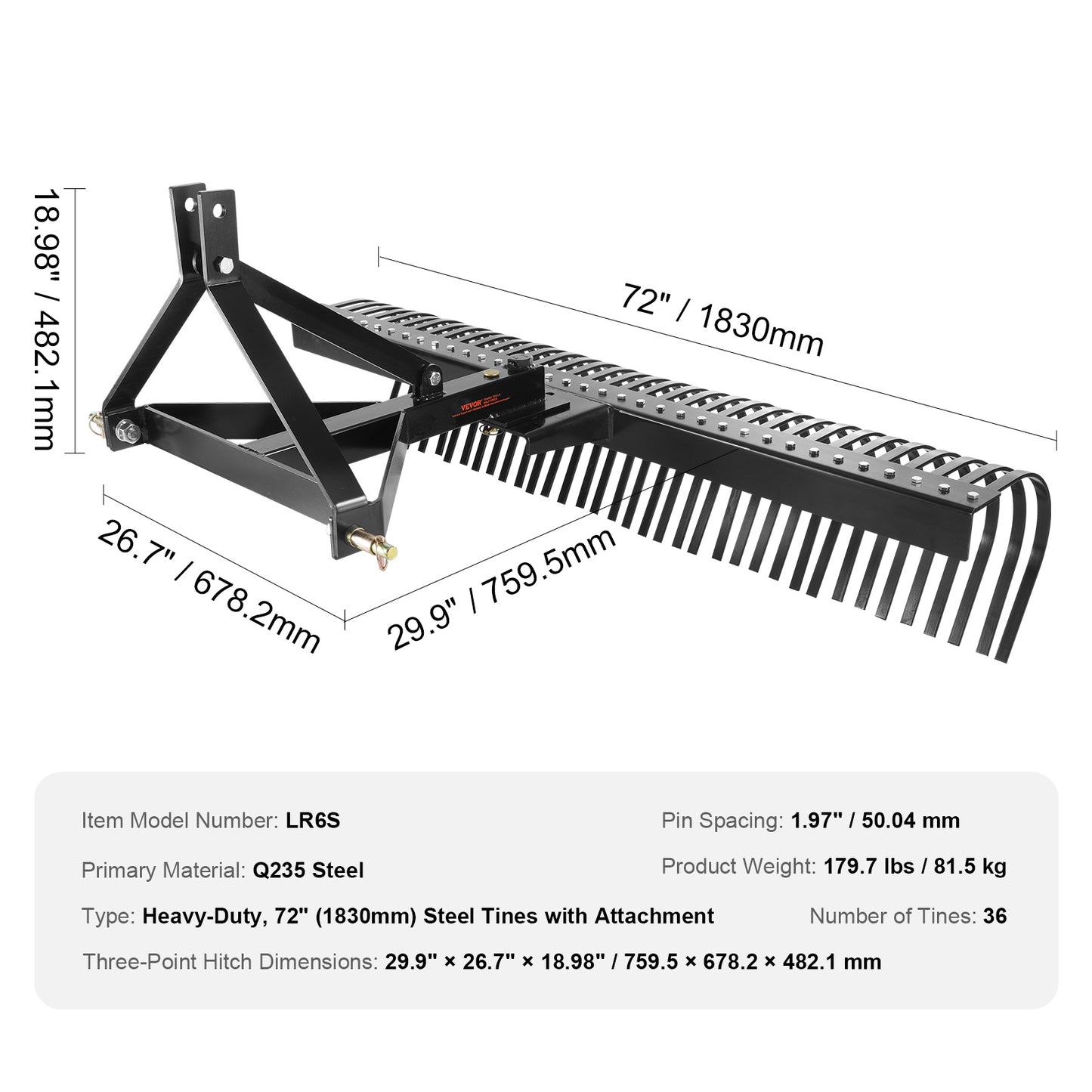 Verticuteermachine – Verticuteerhark – Grasmaaier Accessoire – Grasbeluchter – Tractor Hark – 36 Stalen Tanden – 72 Inch Werkbreedte