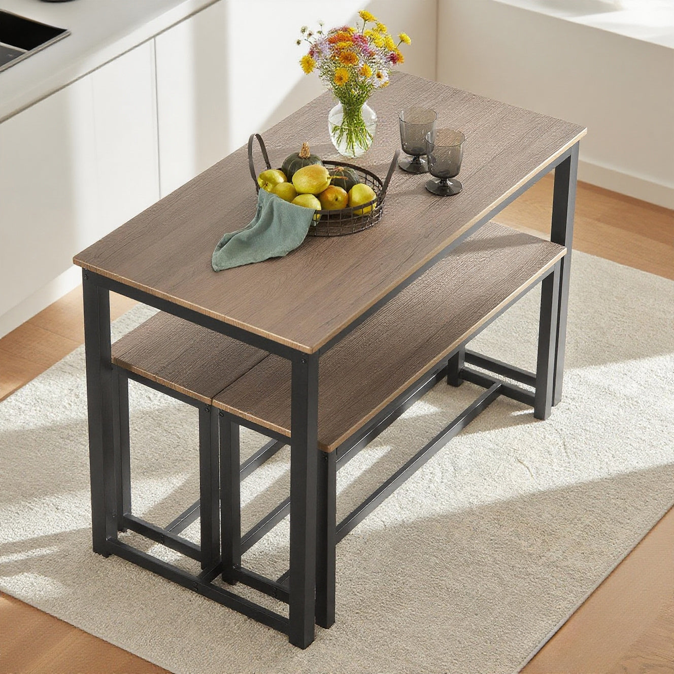 Eettafelset – Eetkamerset – Keukentafelset – Zitgroep – Banken – Modern Design – MDF Tafelblad Met PVC Afwerking – Metalen Epoxy Onderstel – Compact 110x58 cm