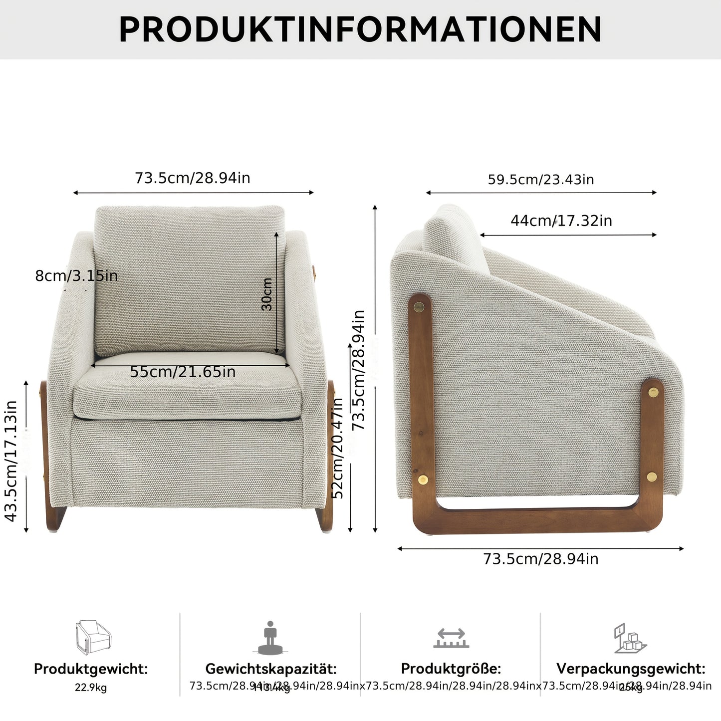 Fauteuil – Lounge Stoel – Leunstoel – Relax Stoel – Beige Chenille – Met Houten Armleuningen – Inclusief Zitkussen – Compact 73,5x73,5x73,5 cm