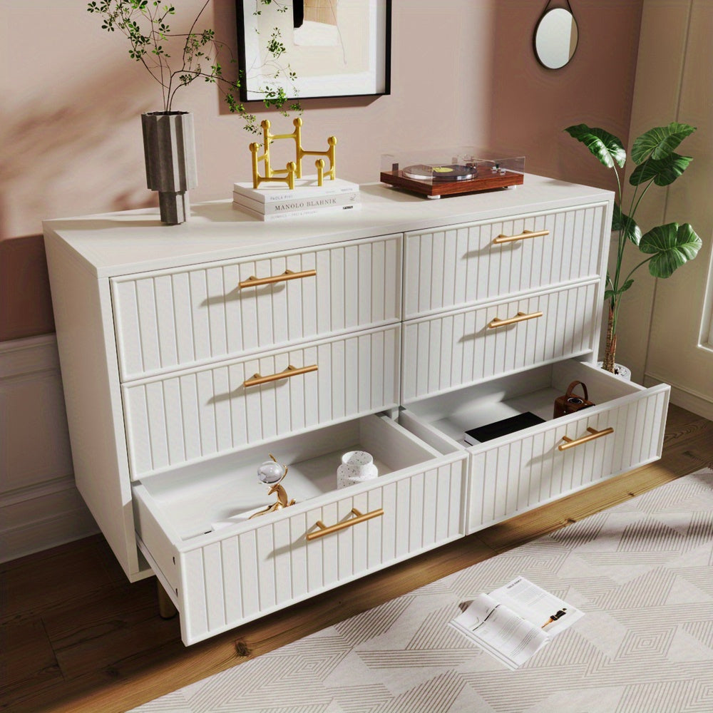 Ladekast – Ladenkast – Kommode – Dressoir – Opbergkast – Wit – 6 Lades – Compact Design Met Gouden Handgrepen – 68,5 cm Hoog