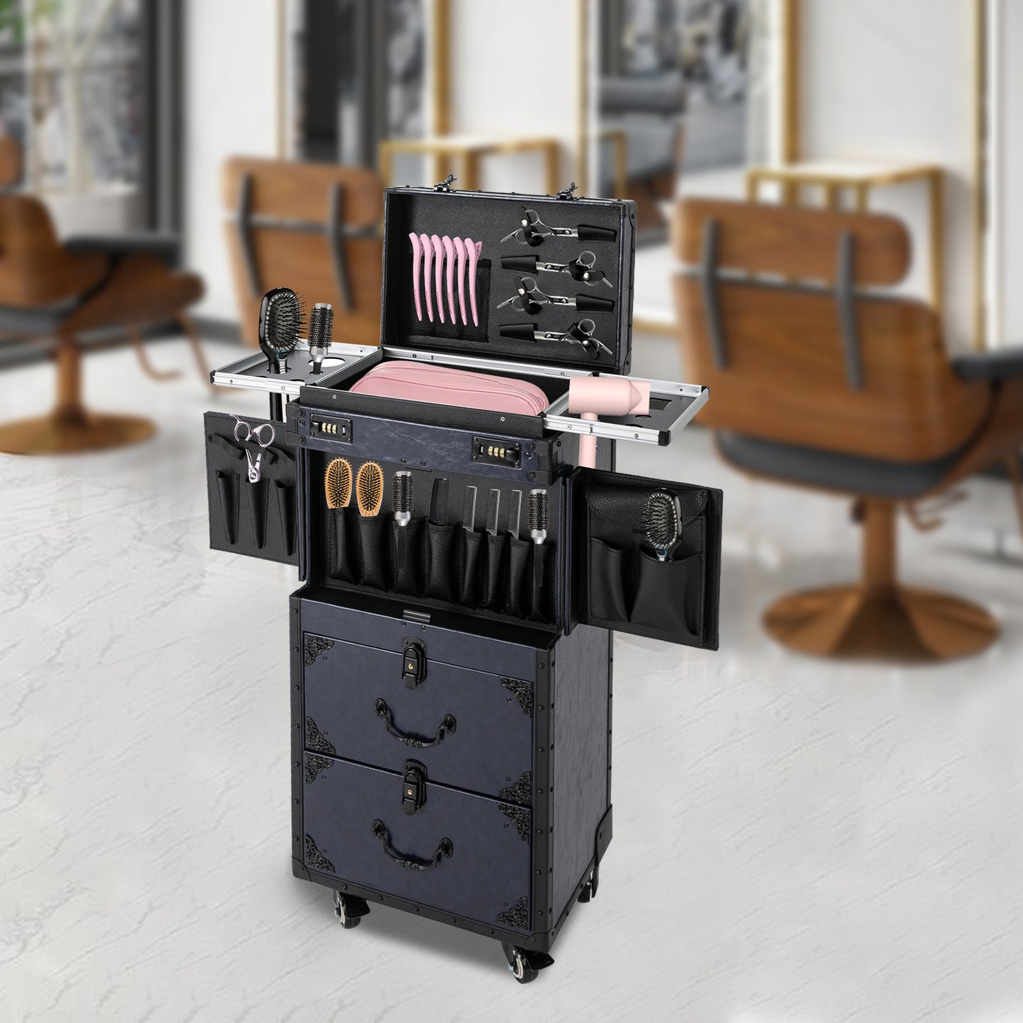 Retro Tie Bar Hairdressing Toolbox with 4 Compartments & Metal Wheels - Blue PU & Woodboard Mobile Storage Organizer for Salon, Home, Travel - No Assembly Required, Hairdressing Storage, Modern Functionality, Wooden Handle