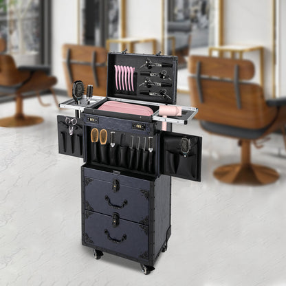 Retro Tie Bar Hairdressing Toolbox with 4 Compartments & Metal Wheels - Blue PU & Woodboard Mobile Storage Organizer for Salon, Home, Travel - No Assembly Required, Hairdressing Storage, Modern Functionality, Wooden Handle