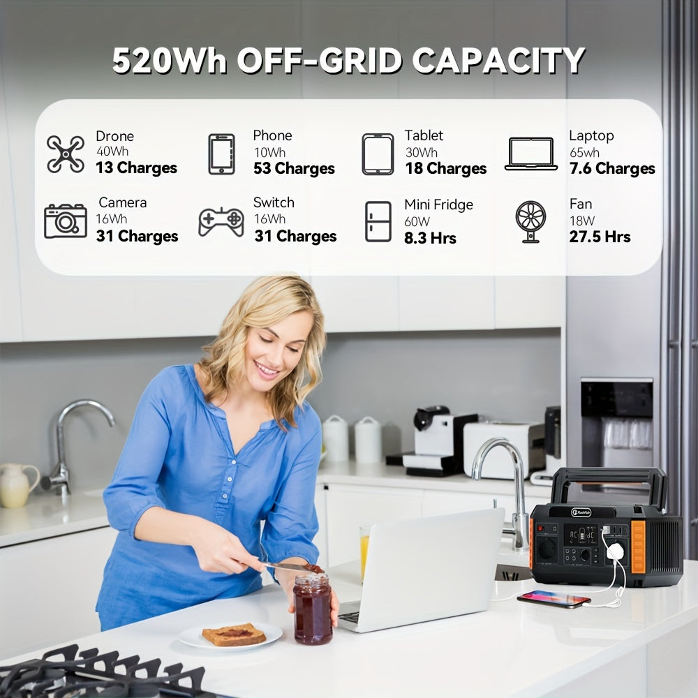 Draagbare Power Station – Mobiele Accu – Noodstroomunit – Camping Generator – Outdoor Batterij – 520Wh Capaciteit – Meerdere Poorten & Lichtgewicht ABS Behuizing