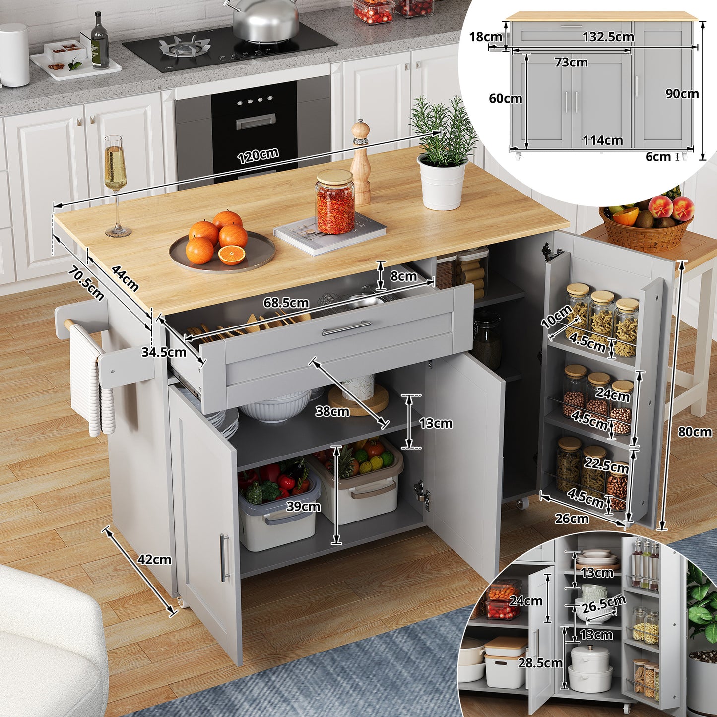 Keukenwagen – Keukenkar – Servierwagen – Mobiele Keukentrolley – Keukenmeubel – Uitklapbaar Werkblad – 5 Wielen Met Rem – Grijs Met Eikenlook