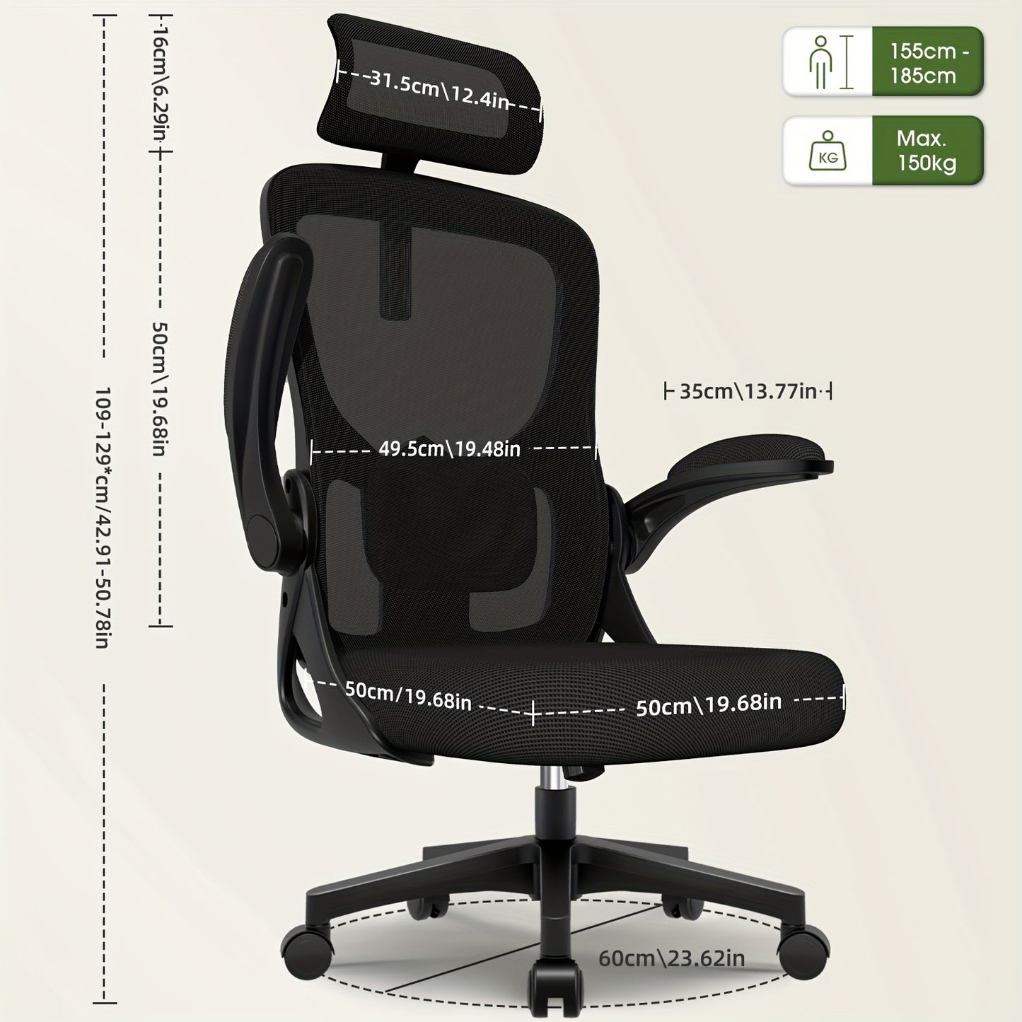 Bureaustoel – Ergonomische Stoel – Office Chair – Gamingstoel – Draaistoel – Verstelbare Hoofdsteun & Lendensteun – Mesh Design & 150 kg Draagkracht