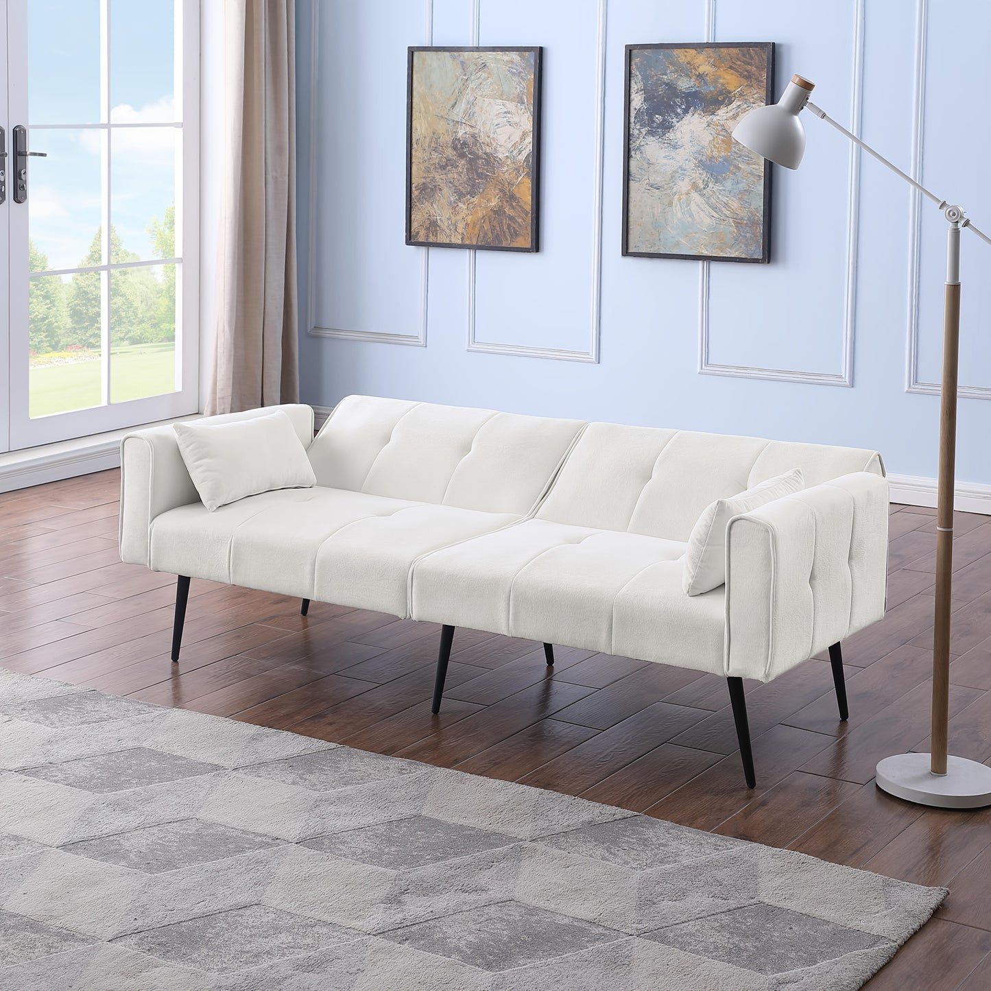 68-Inch Sofa Bed – Opvouwbare Bank – Slaapbank – Bedbank – Zithoek – Wit – Ruimtebesparend – Bamboe Frame