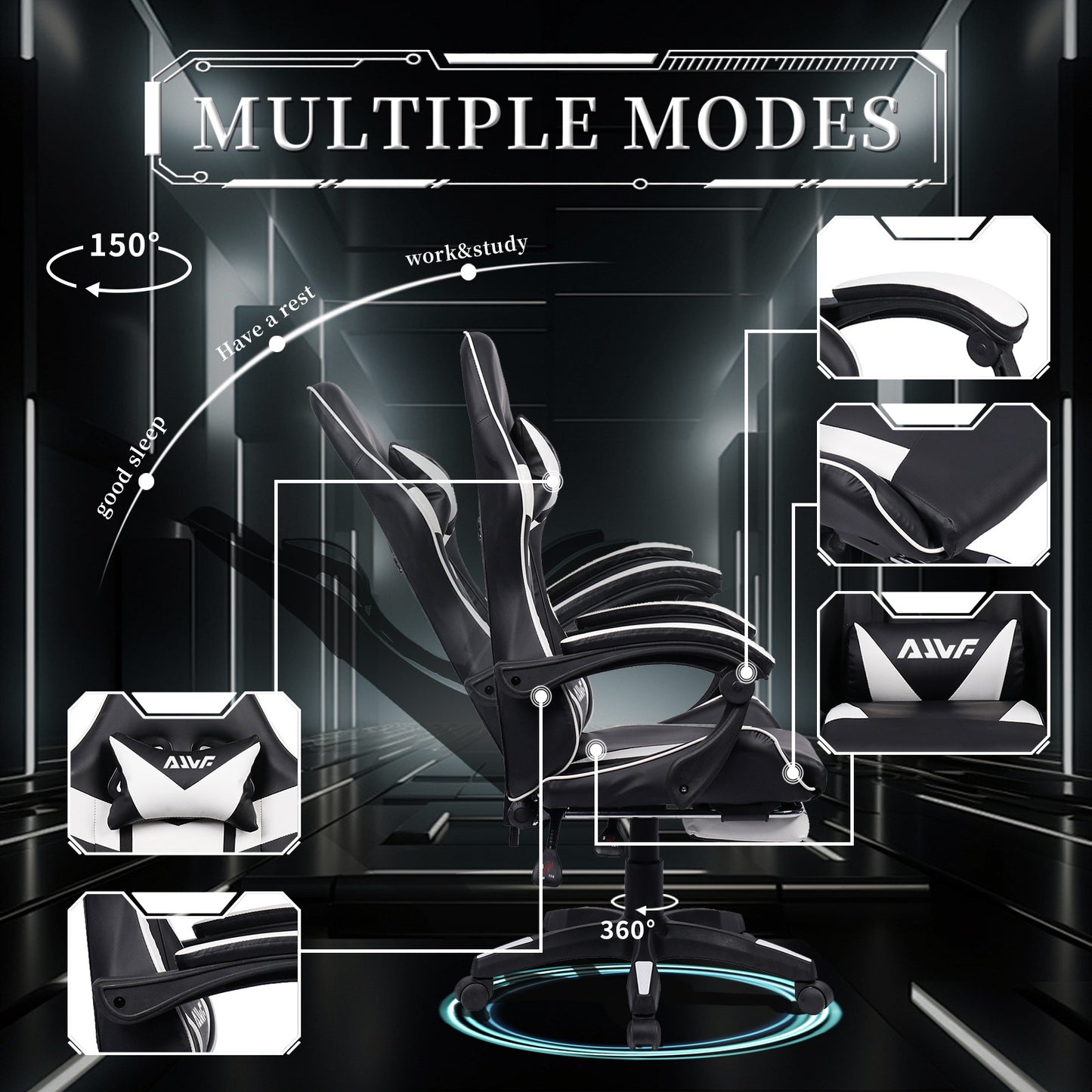 Gamingstoel – Gamestoel – Gaming Chair – Game Stoel – Bureaustoel – Ergonomisch Design – Verstelbare Lendensteun & Neksteun – Zwart-Wit