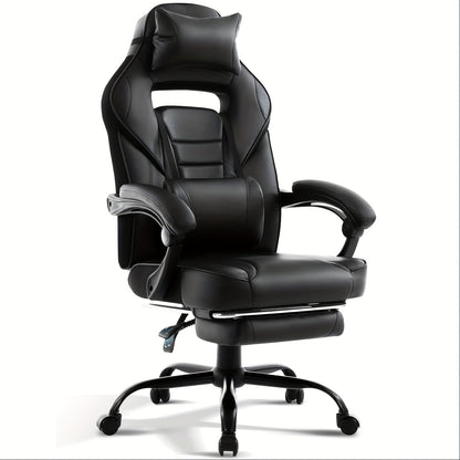 Ergonomic Gaming Chair with Massage Lumbar Support & Retractable Footrest - 360° Swivel, Height-Adjustable Computer Desk Chair with Headrest & Backrest Cushion, Quiet-Rolling Casters for Office & Home, Easy Assembly (No Tool