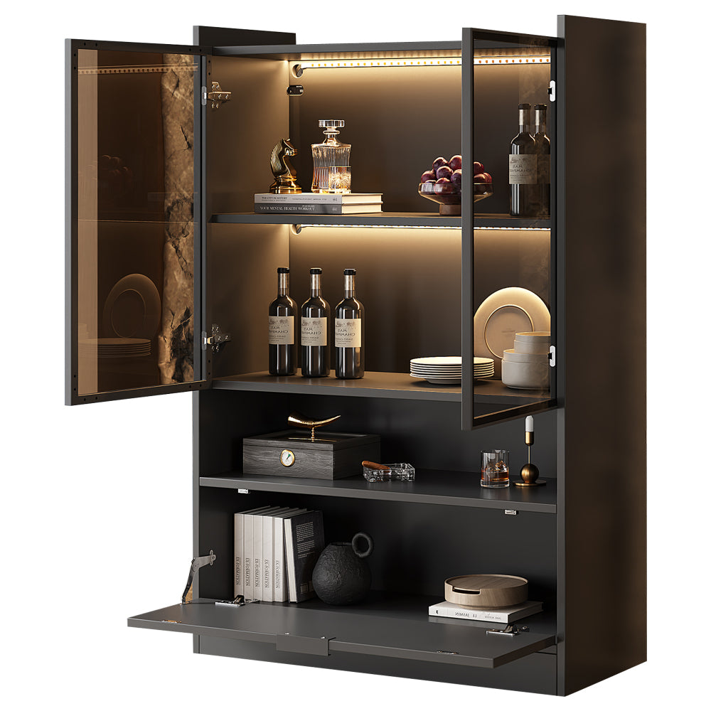 Zijboard – Dressoir – Opbergkast – Vitrinekast – Kast – Mat Zwart – 120 cm Hoogte – Glazen Deuren & Klapdeuren
