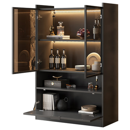 Zijboard – Dressoir – Opbergkast – Vitrinekast – Kast – Mat Zwart – 120 cm Hoogte – Glazen Deuren & Klapdeuren