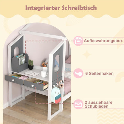 Huisbed – Kinderbed – Jeugdbed – Bed met Bureau – Bed met Laden – 90x200 cm – Houten Frame – Wit met Grijs