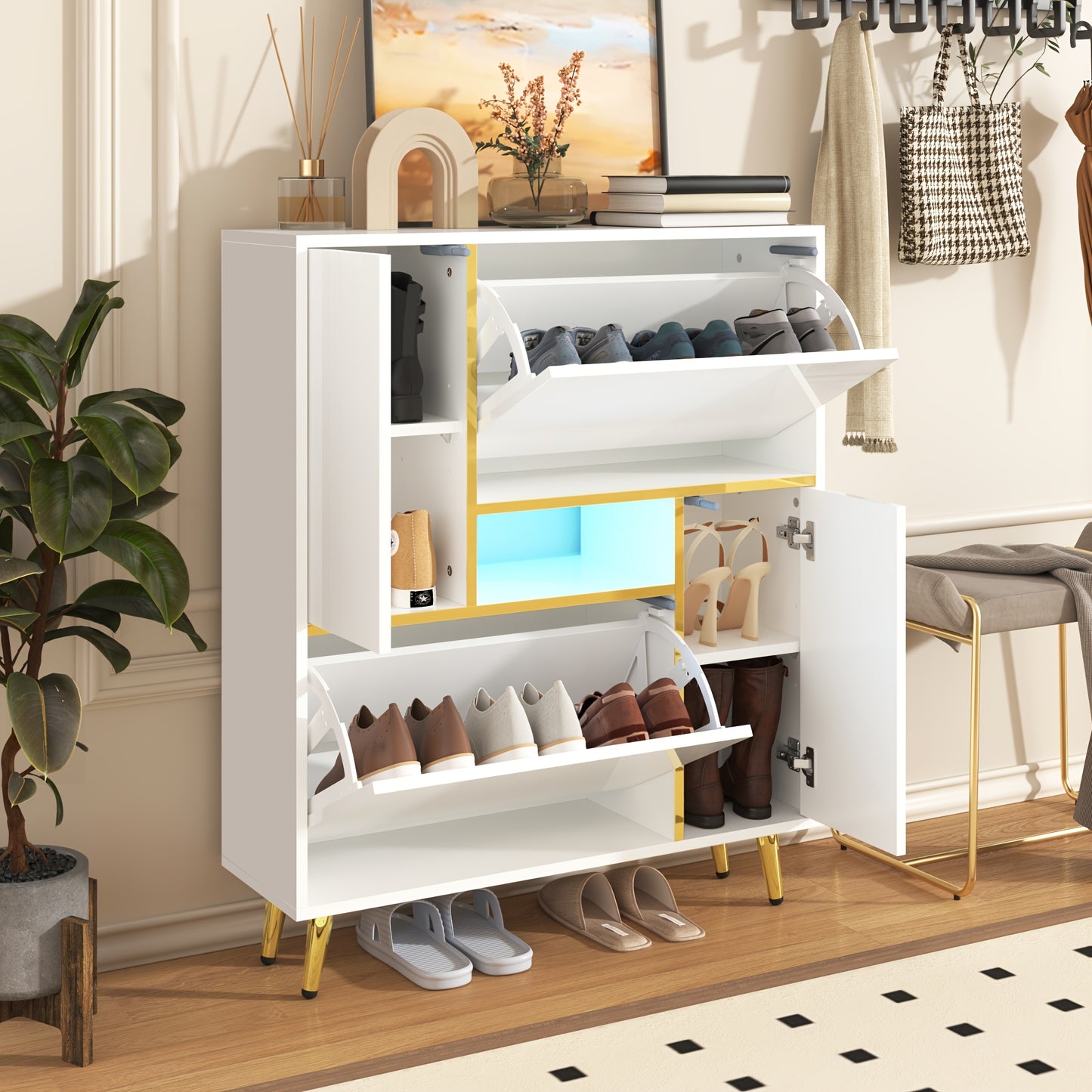 Schoenenkast – Schoenenopberger – Schoenrek – Schoenmeubel – Schoenenkast Wit Hoogglans – Ruimtebesparend Design – 80x25x96 cm