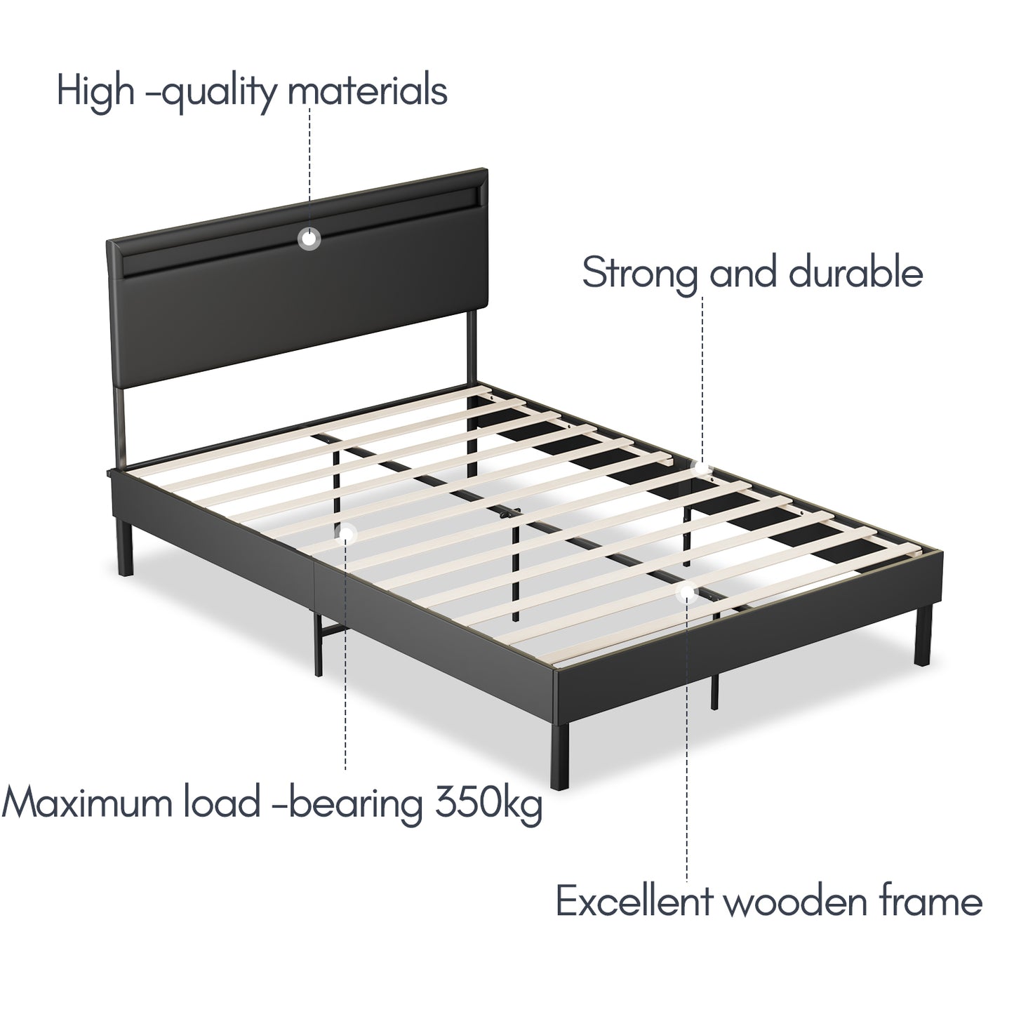 Bedframe – Bedbank – Eenpersoonsbed – Tweepersoonsbed – Platformbed – Hoog Hoofdeinde – Stevig Houten Frame – Max Belastbaarheid 350 kg