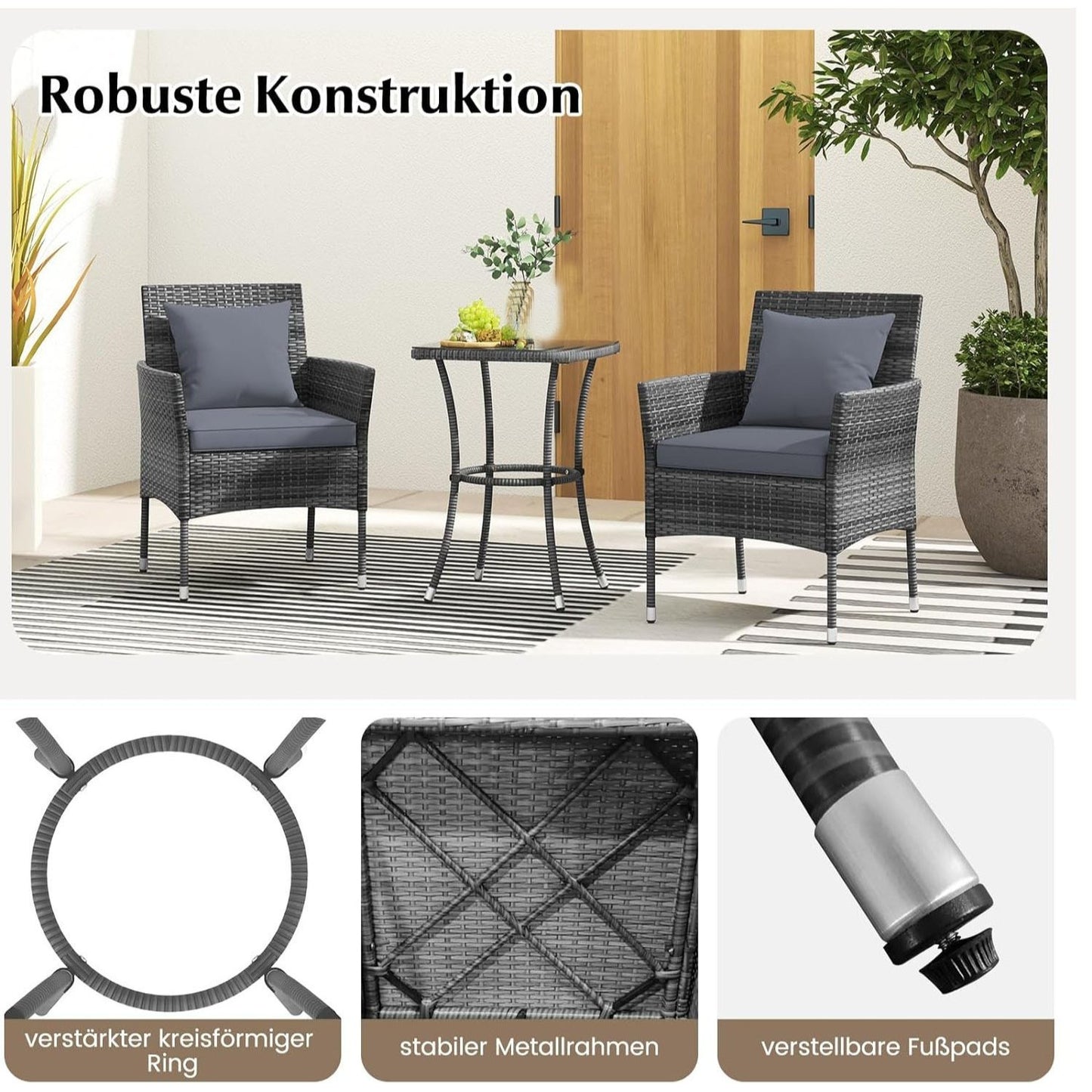 Tuinmeubelset – Tuinset – Tuinlounge – Balkonset – Loungeset – Poly Rattan – Glazen Tafel – Inclusief Kussens – Weerbestendig – Compact Design