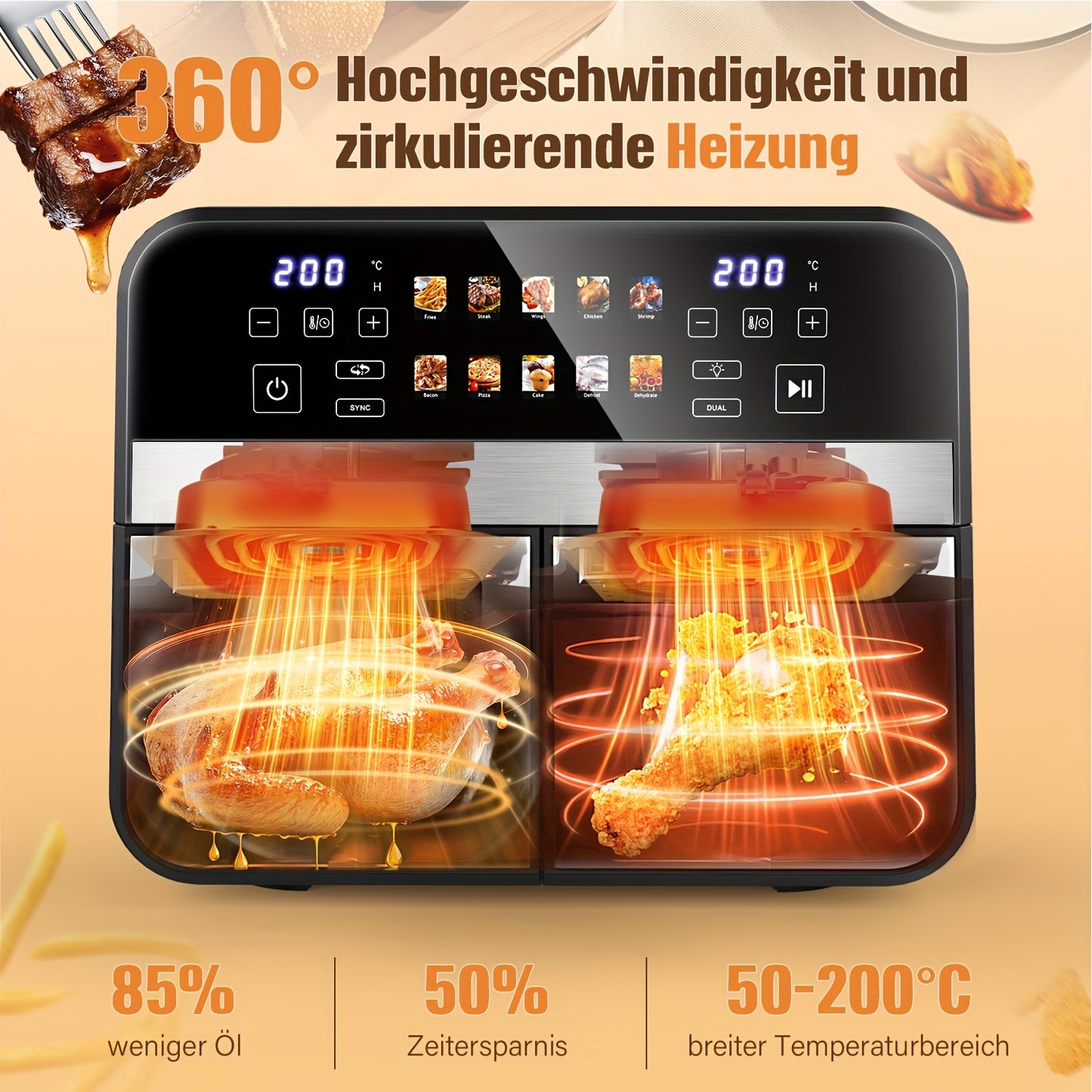Airfryer – Friteuse – Heteluchtoven – Heteluchtfriteuse – Oven – 10,5L DualZone Met Dubbele Mand – 2600W Vermogen Met Touchscreen Bediening