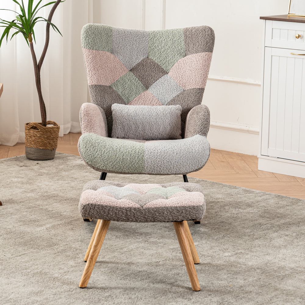 Schommelstoel – Lounge Chair – Fauteuil – Relaxstoel – Tuinstoel – Met rubberhouten frame – Memory foam zitkussen & lendensteun – Inclusief voetenbankje (49x38x37 cm) – Multicolor design