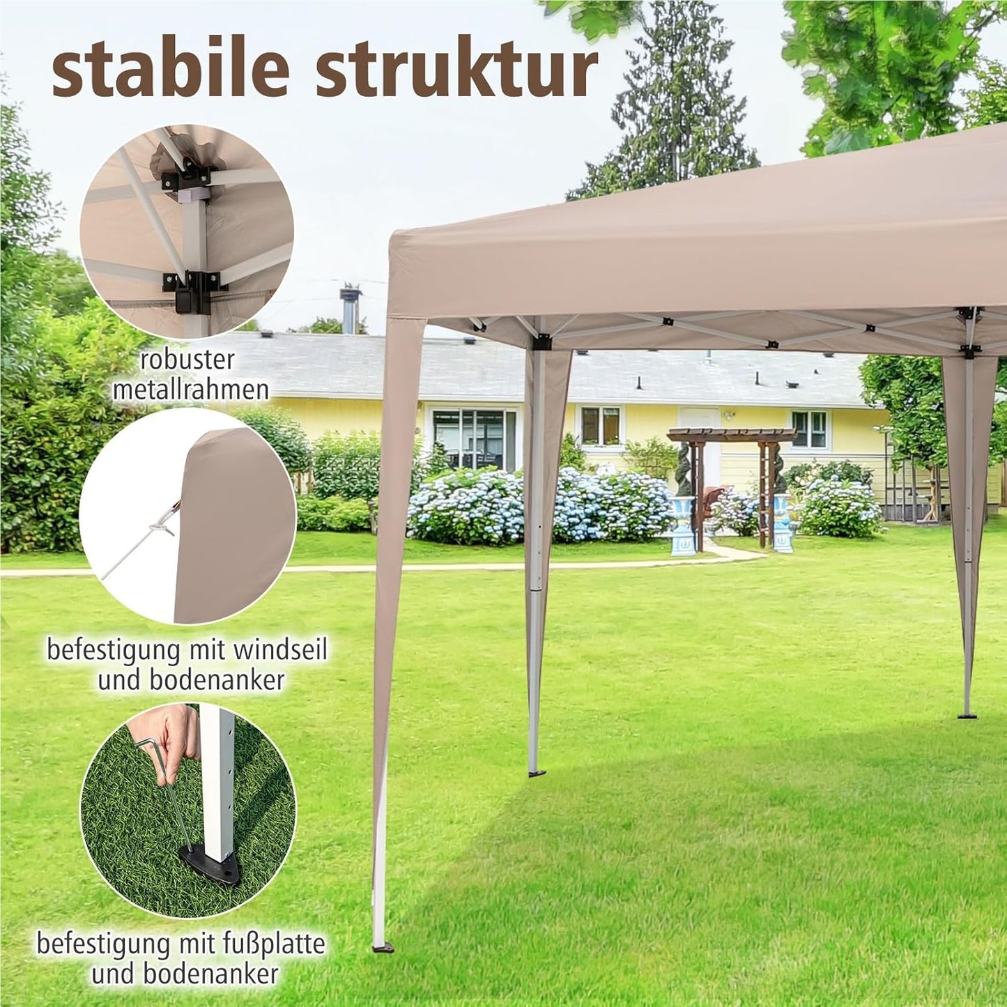 Pop-up Partytent – Vouwtent – Tuinkapscherm – Feesttent – Paviljoen – Verstelbare Hoogte – Water- en UV-bestendig Khaki 400x348 cm
