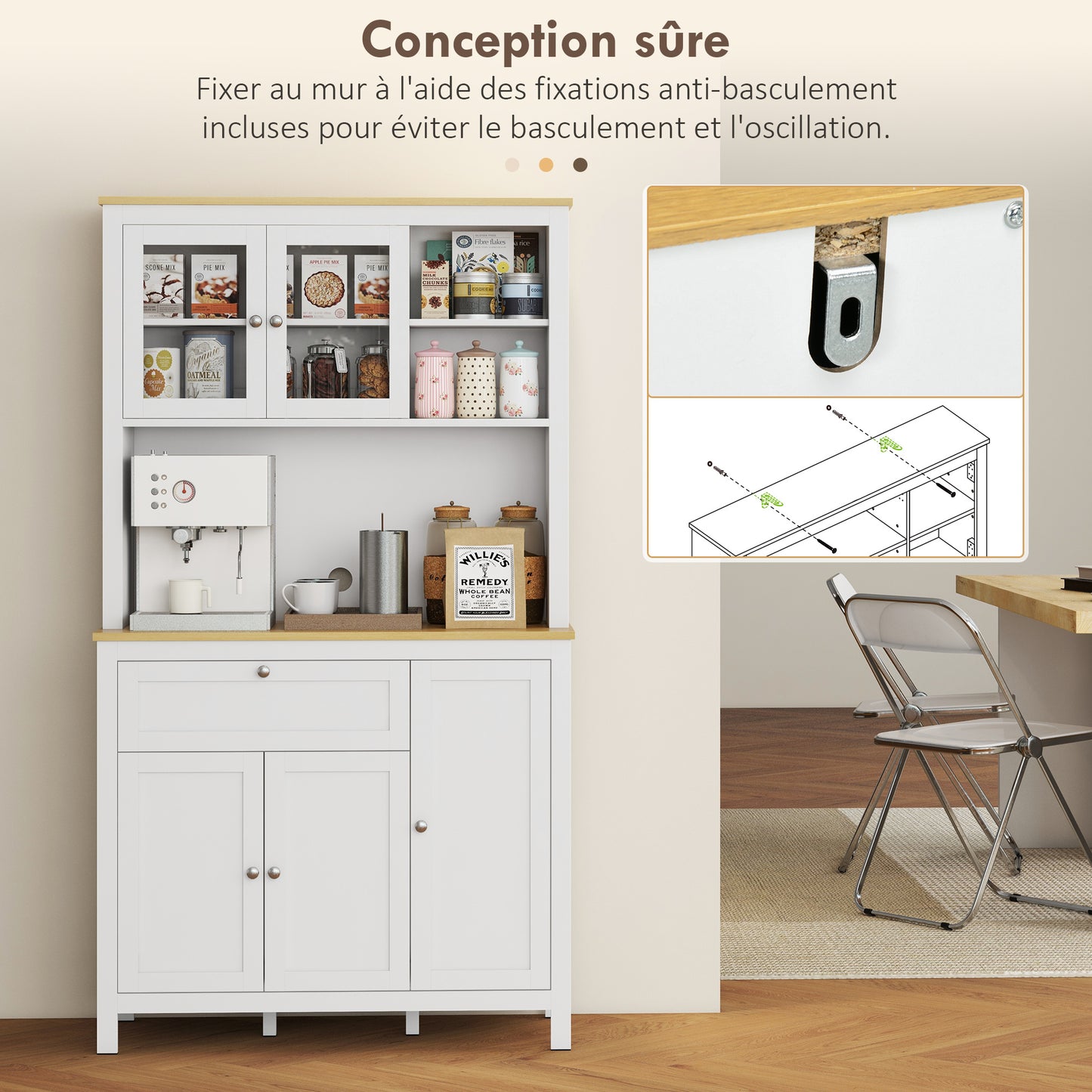 Keukenkast – Keukenbuffet – Vitrinekast – Opbergkast – Hoge Kast – 5 Deuren Inclusief 2 Glazen Deuren – Met Lade En Kabeldoorvoer – 180 cm Hoog – Witte MDF Afwerking
