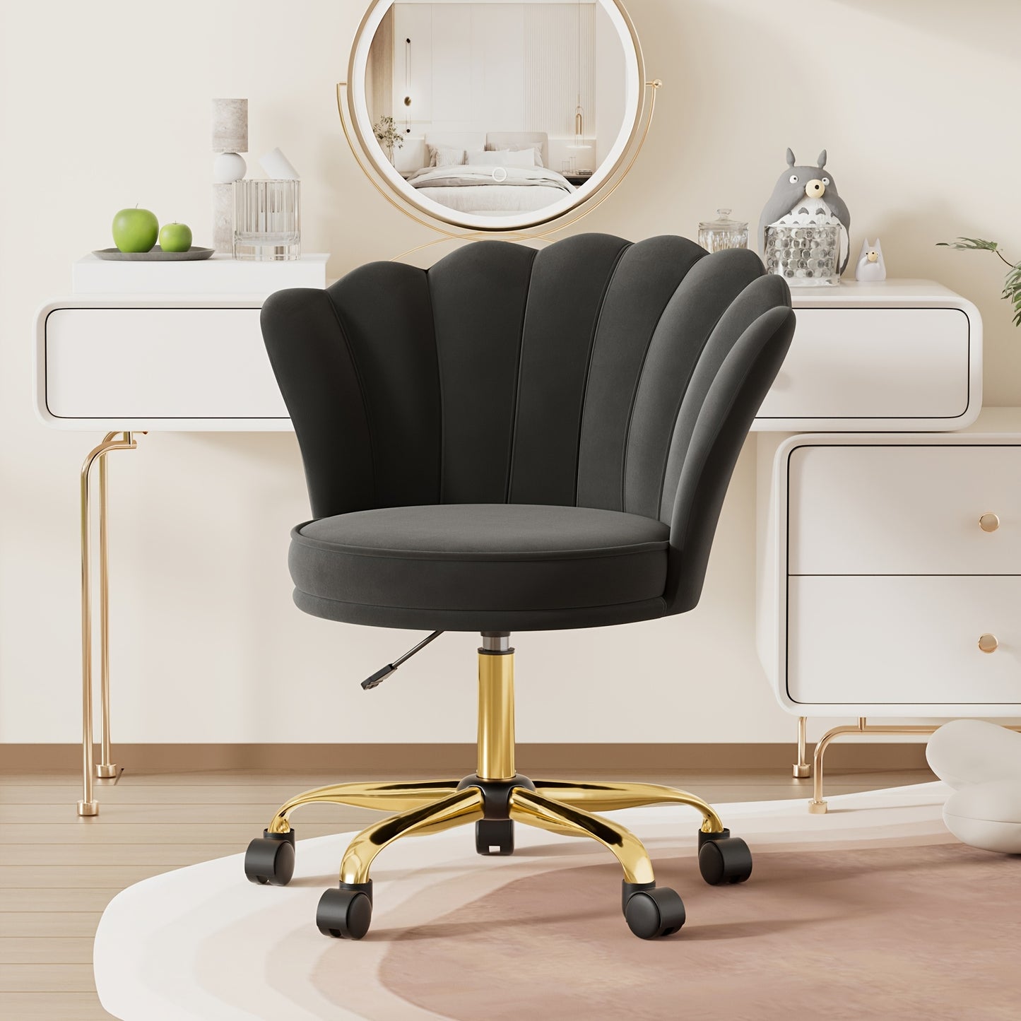 Luxe Velvet Bureaustoel – Bureau Stoel – Werkstoel – Draaistoel – Kaptafelstoel – 360° Draaibaar – Memory Foam Zitting – Gouden 5-Poot Onderstel – Verstelbare Hoogte – Belastbaar Tot 120 kg – Wit/Beige