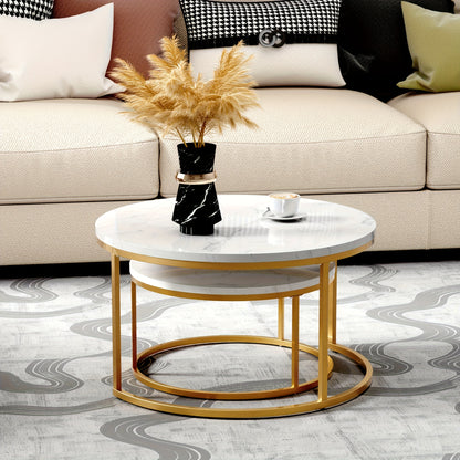 Bijzettafels – Salontafels – Nesttafels – Nachtkastjes – Kleine Tafels – Set Van 2 Ronde Marmeren Bijzettafels – Gouden Metalen Frame – Ruimtebesparend Nestbaar Design