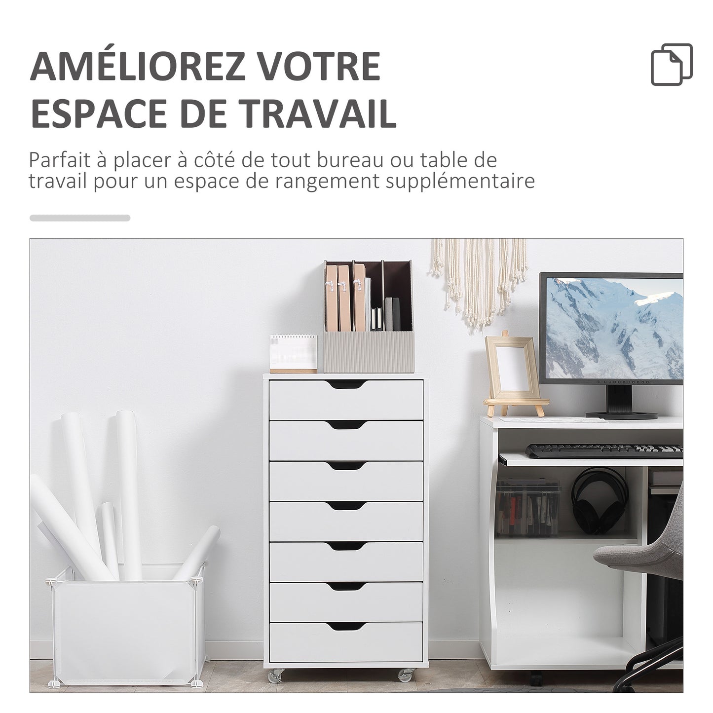 Mobiele Ladeblok – Kantoor Ladekast – Bureau Organizer – Opbergkast – Ladeblok Onder Bureau – 7 Laden – Witte Kleur – Verplaatsbaar Met Wieltjes – Anti-Kantel Veiligheid