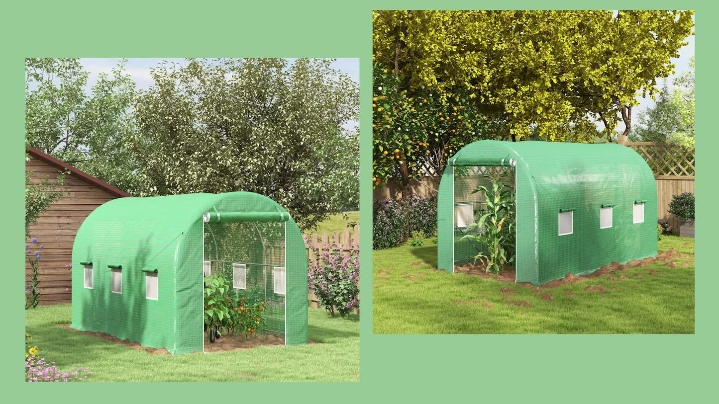 Tunnelse kas – Tuinkas – Broeikas – Groentekas – Plantenkas – 8 m² vloeroppervlak – Versterkt stalen frame – Dubbele ritssluiting – 6 oprolbare ramen – Groen