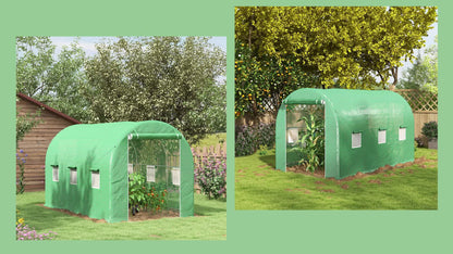 Tunnelse kas – Tuinkas – Broeikas – Groentekas – Plantenkas – 8 m² vloeroppervlak – Versterkt stalen frame – Dubbele ritssluiting – 6 oprolbare ramen – Groen