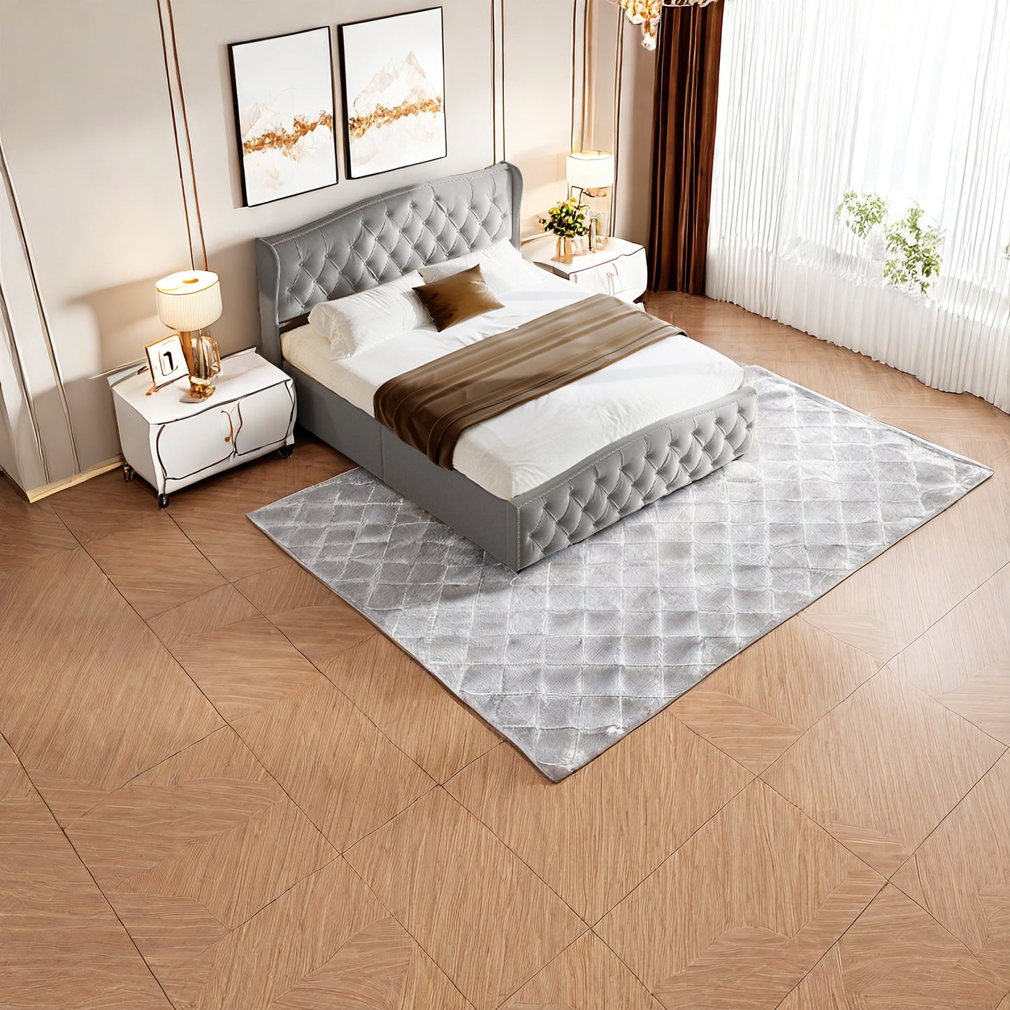Tweepersoonsbed – Bed met Opbergruimte – Opbergbed – Boxspring – Staanderbed – Grijs 160x200 cm – Stevig MDF Frame – Luxe Fluwelen Bekleding