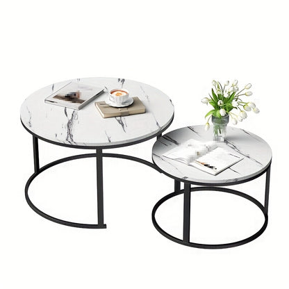 Salontafel – Bijzettafel – Woonkamertafel – Koffietafel – Tafel – Set van 2 Ronde Salontafels – Wit Marmerlook – Hoog Draagvermogen 80 kg & 50 kg – Space Saver