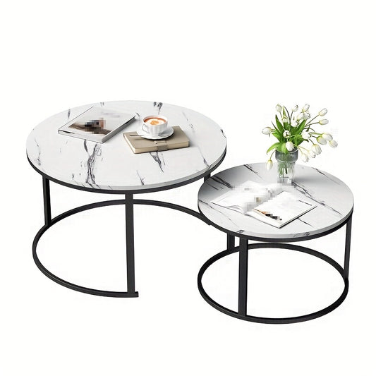 Salontafel – Bijzettafel – Woonkamertafel – Koffietafel – Tafel – Set van 2 Ronde Salontafels – Wit Marmerlook – Hoog Draagvermogen 80 kg & 50 kg – Space Saver