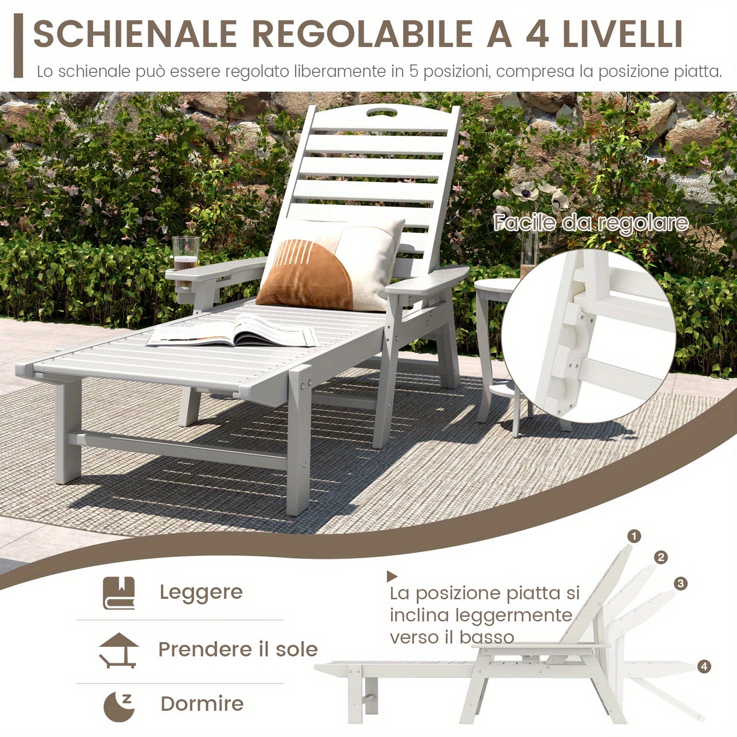 Tuinstoel – Ligstoel – Relaxstoel – Loungestoel – Tuinfauteuil – Verstelbare Rugleuning 4 Standen – Duurzaam HDPE Wit