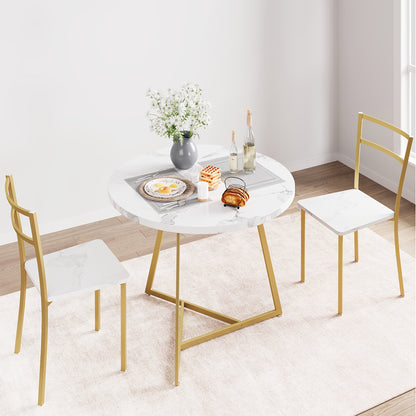 Eettafel Set – Eethoek – Keukentafel Set – Zitgroep – Eetkamer Set – Ronde Tafel 80 cm – MDF Marmerlook Met Gouden Metalen Frame – Compact & Duurzaam