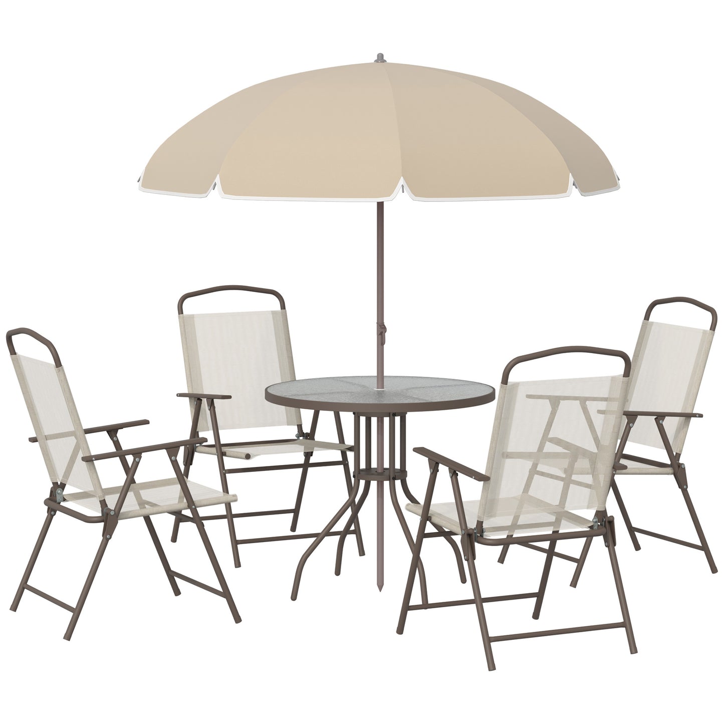 6-delig Tuinset – Bistro Set – Balkonmeubelen – Tuinmeubelset – Inklapbare Tuinstoelen – Epoxy Stalen Frame – Sneldrogende Textilene Bekleding – Rond Tafelblad van Gehard Glas – Parasol Inclusief – Ergonomisch Zitcomfort