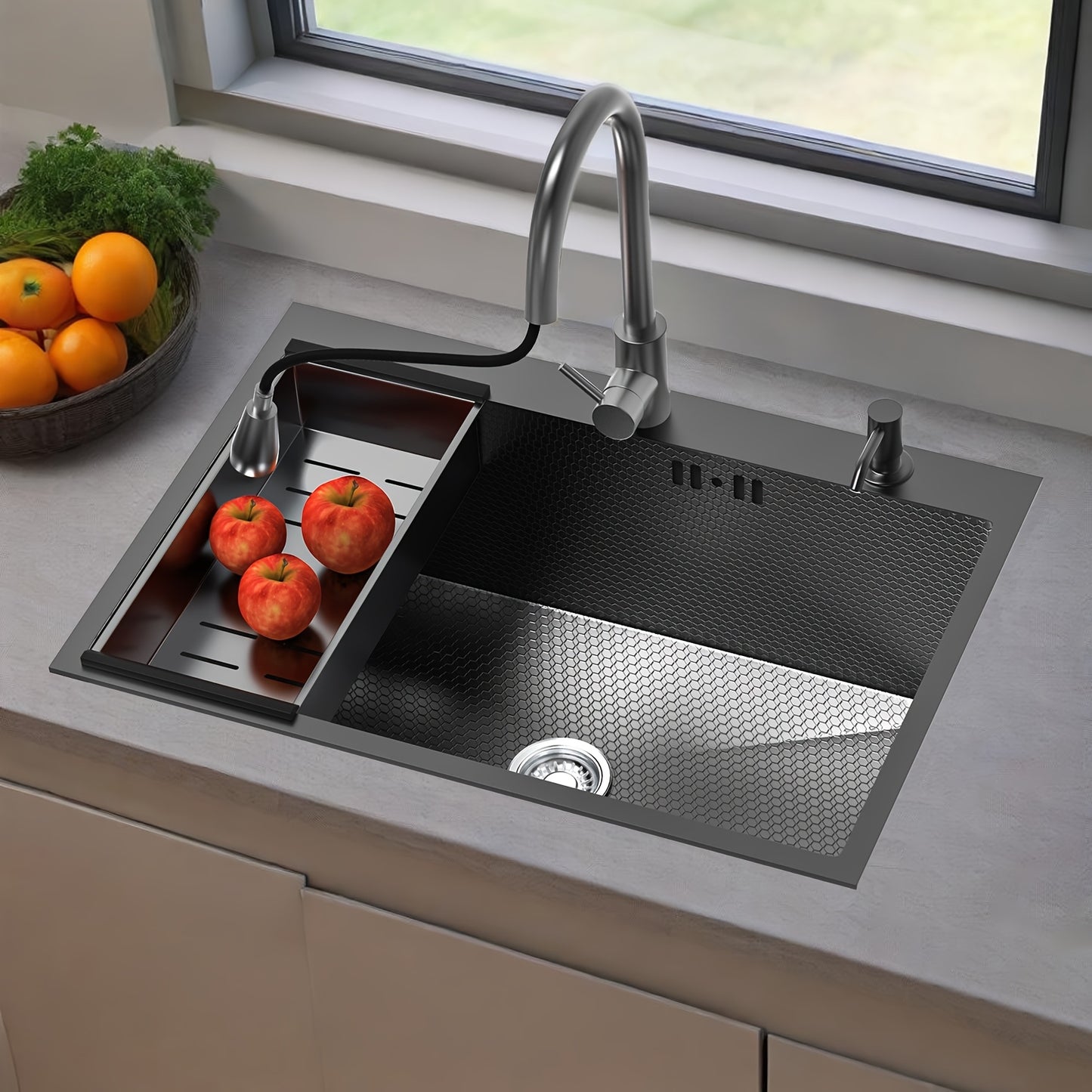 Stainless Steel Sink On A 80x50x22cm Countertop, Handmade Sink With Rotating And Extendable Faucet, Sink With Drain Basket And Soap Dispenser, Kitchen Sink, Bar Sink.