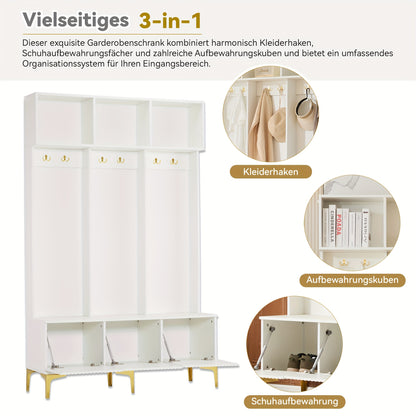 Witte Houten Kapstok – Wandkapstok – Garderoberek – Kapstok met Zitbank – Schoenkast – 4 Haken – Cushioned Opbergstoel – H180xB100xD35 cm