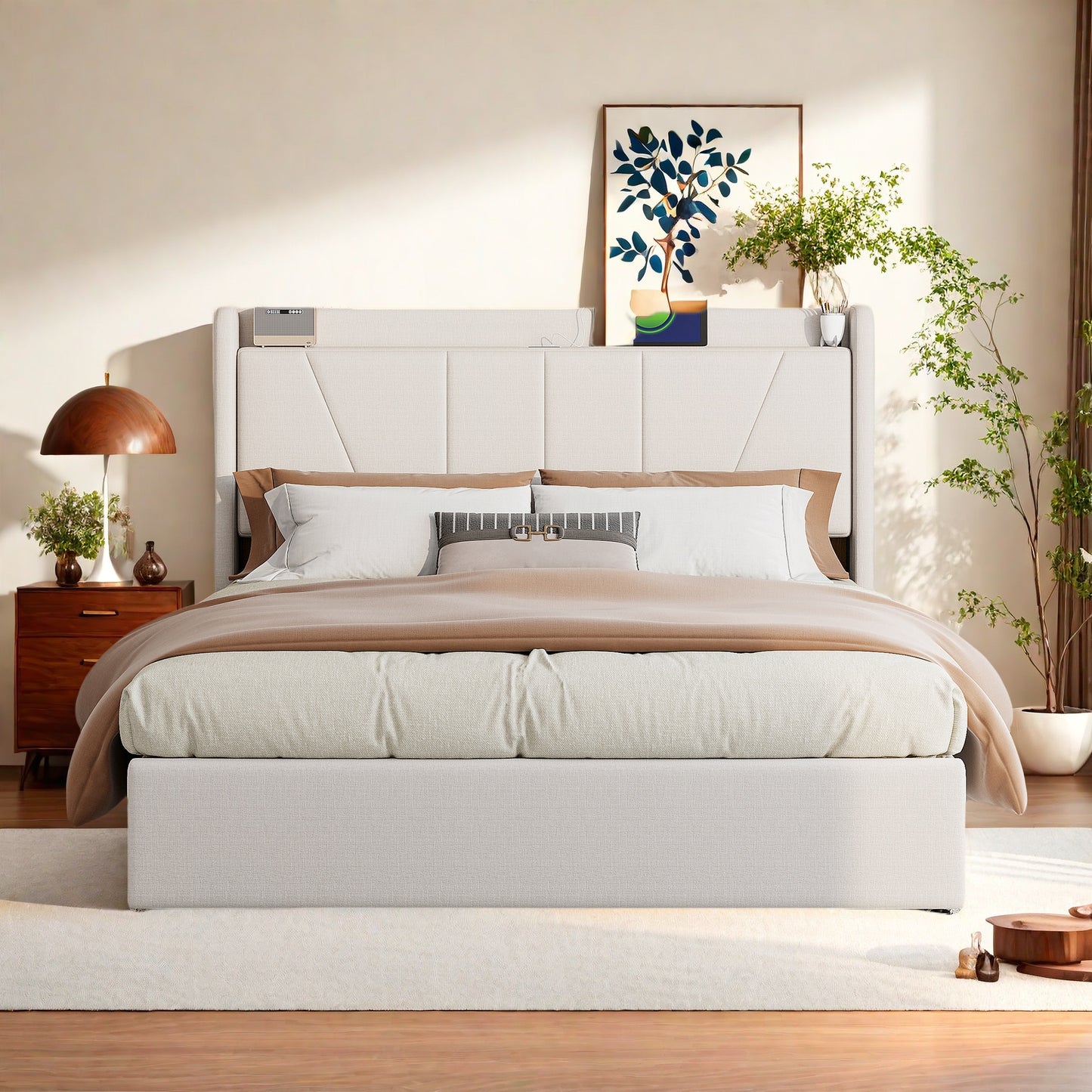 Bedframe – Tweepersoonsbed – Gestoffeerd Bed – Bedplaats – Slaapbank – 160x200 cm – Beige Linnen Bekleding – Hydraulische Opbergruimte