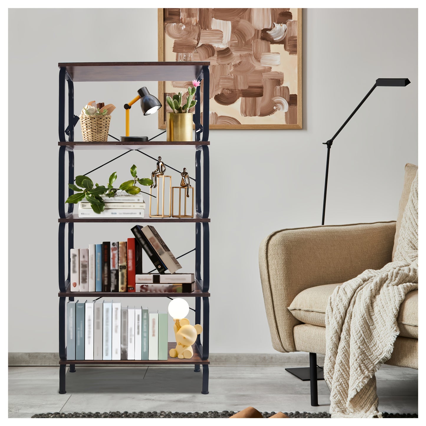 5-laags metalen opbergrek – boekenplank – staand rek – opslagrek – displaykast – Bruin met zwart frame – industrieel design – stevige constructie – ruimtebesparend verticaal model