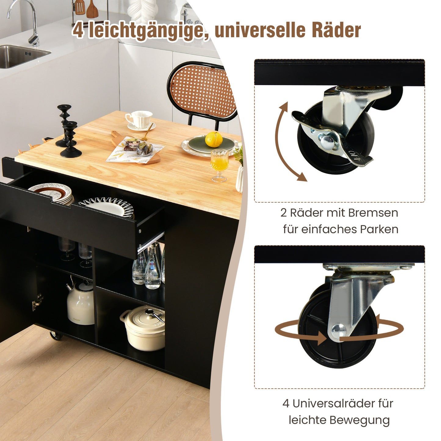 Keukentrolley – Keukenwagen – Serveerwagen – Keukenkar – Keukenmeubel – Uitklapbaar Werkblad – Zwart Hout