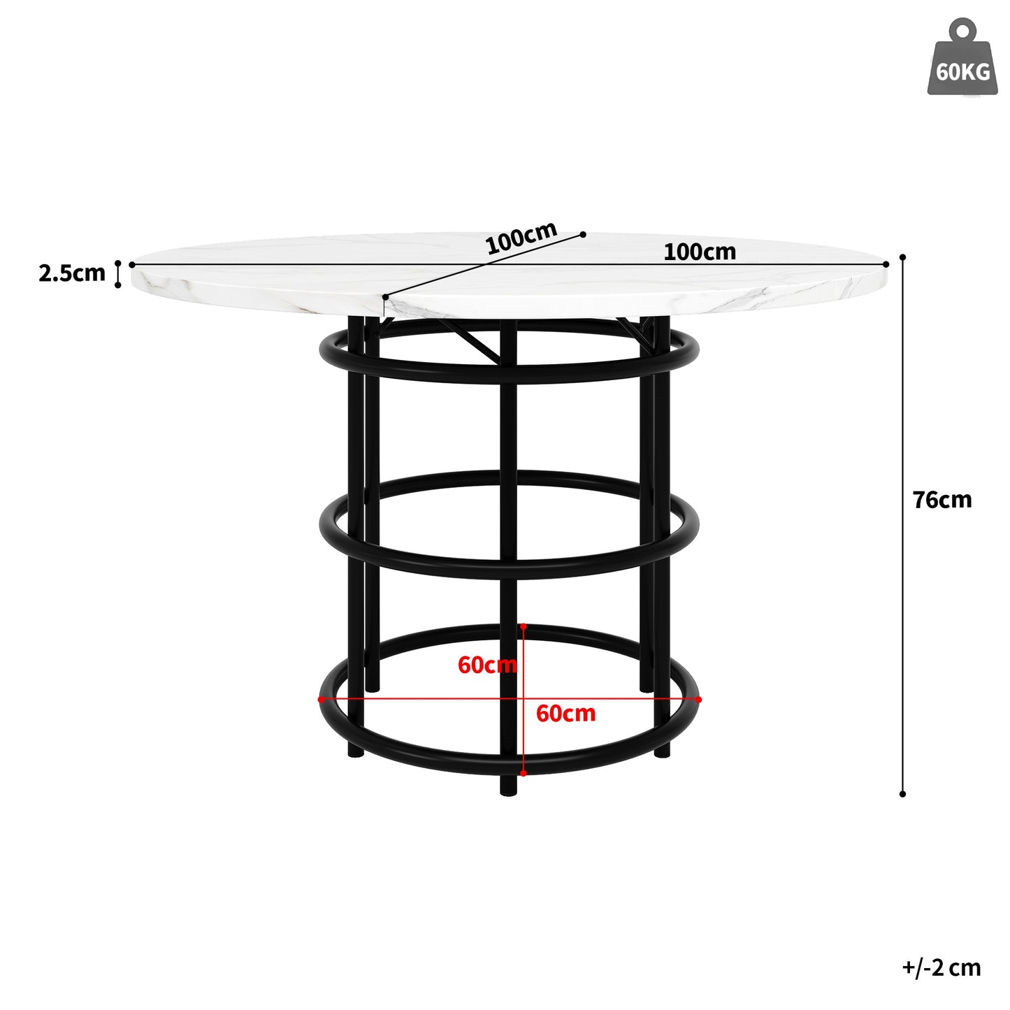 Ronde Eettafel – Eettafel Rond – Keukentafel – Tafel Marmerlook – Eettafel Metaal Zwart – 100 cm Diameter – Verstelbare Poten