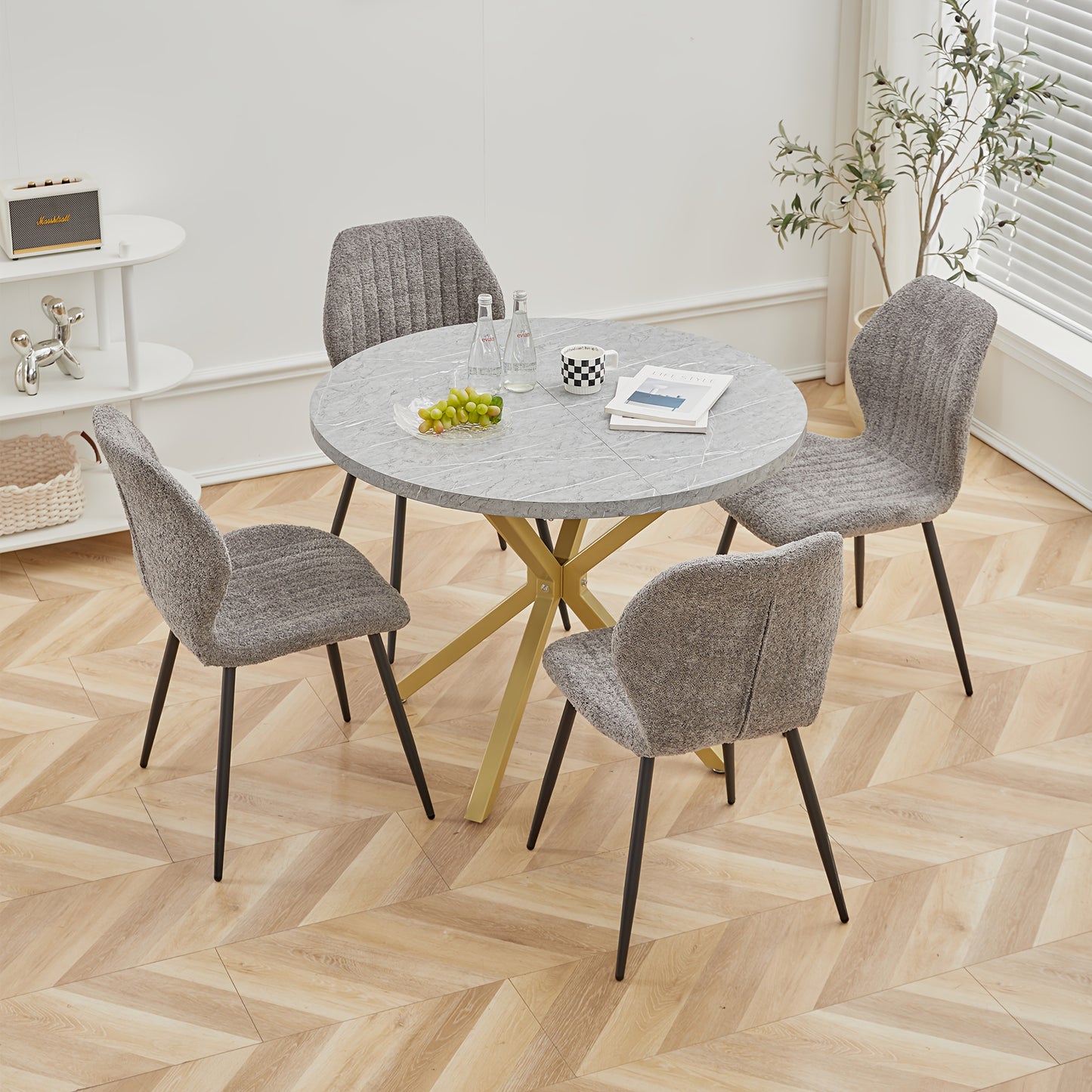 Ronde Eettafel – Eettafel Rond – Keukentafel – Tafel 4 Personen – Eettafel 6 Personen – 100 cm Diameter – MDF Marmerprint – Metalen X-Poot – Kras- en Hittebestendig – Compact Ruimtebesparend – Grijs